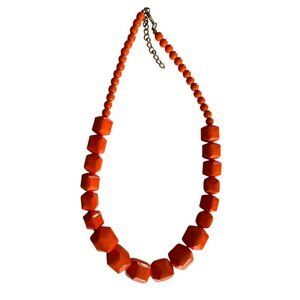Vintage Chunky Orange Geometric Wood Beaded Necklace With Adjustable Chain Clasp